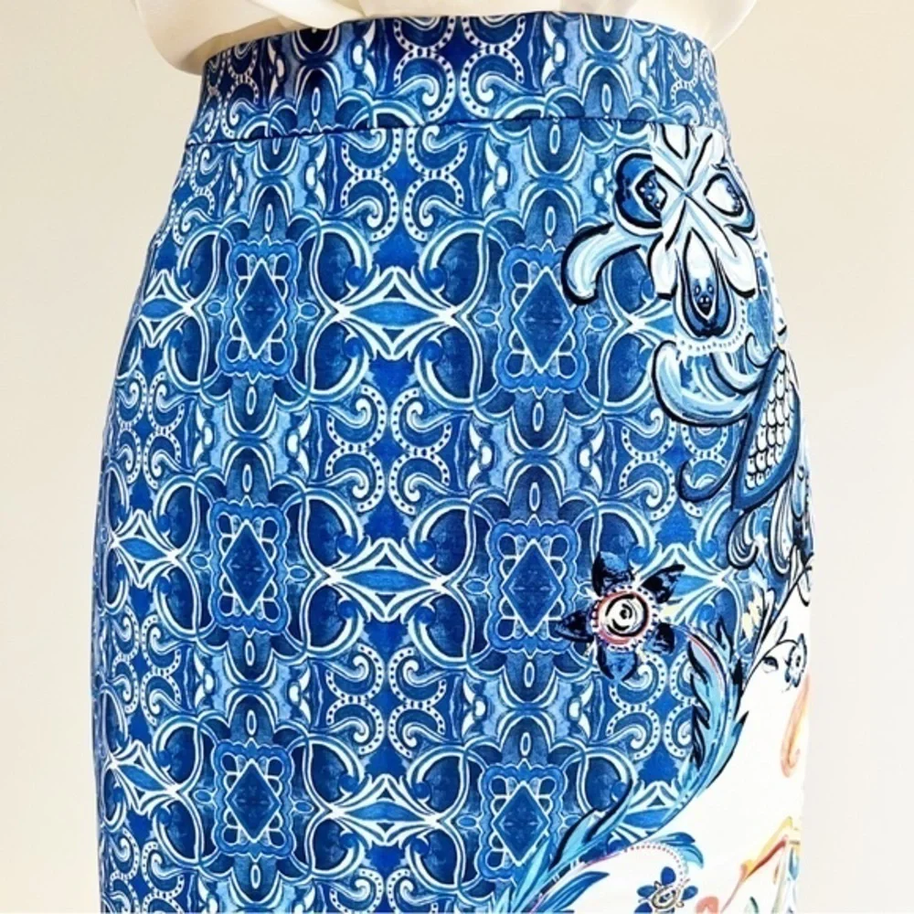 Anthropologie blue floral pencil skirt